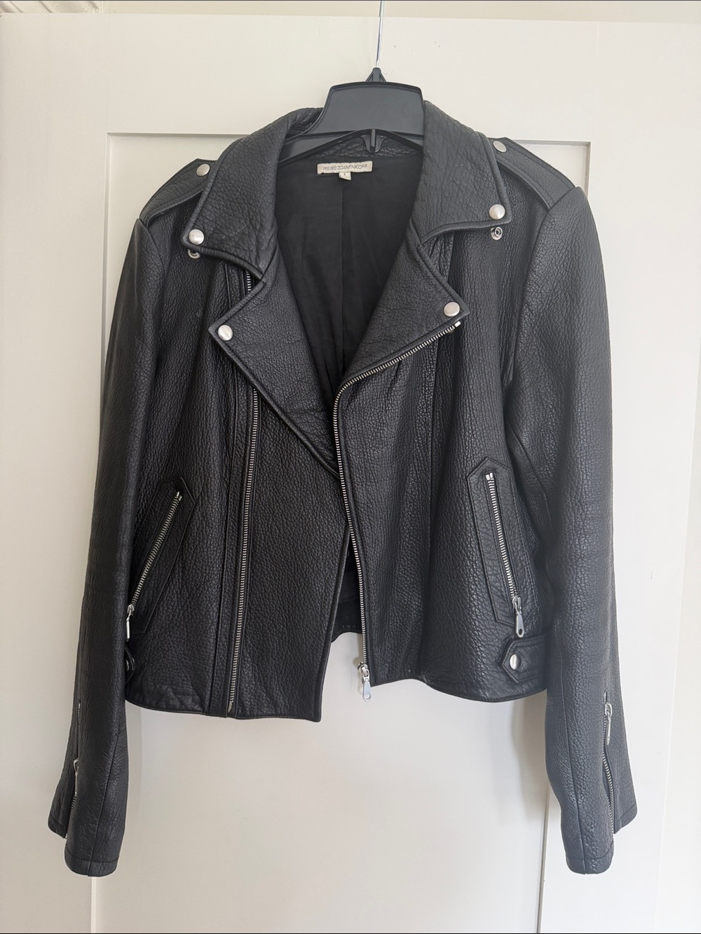 Rebecca Minkoff Black Pebbled Leather Moto Jacket with Silver Hardware